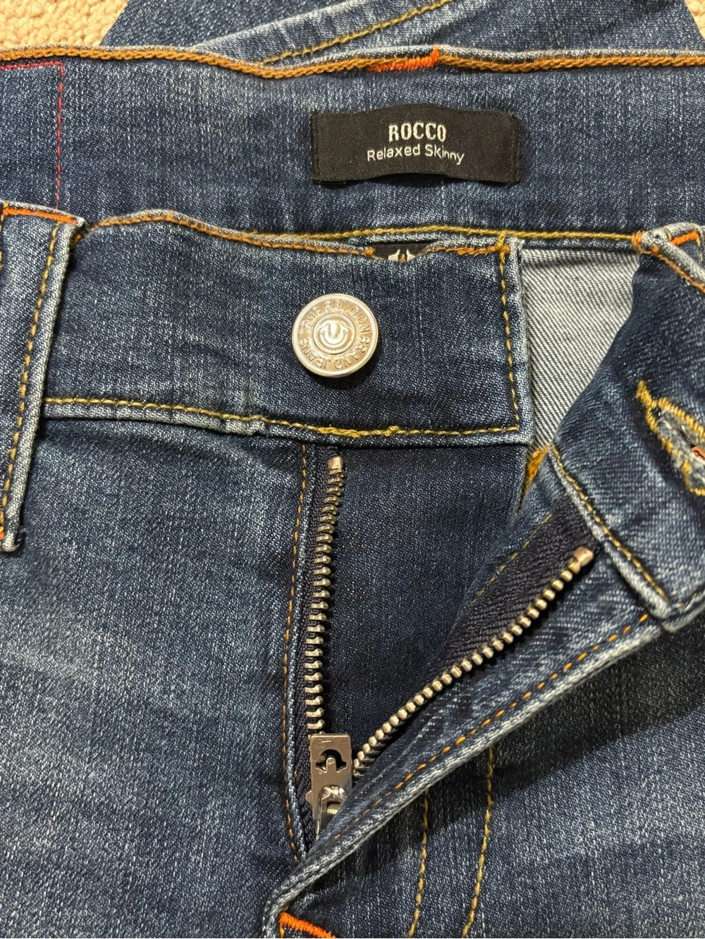 True Religion Blue Straight-Leg Jeans with Yellow Stitching